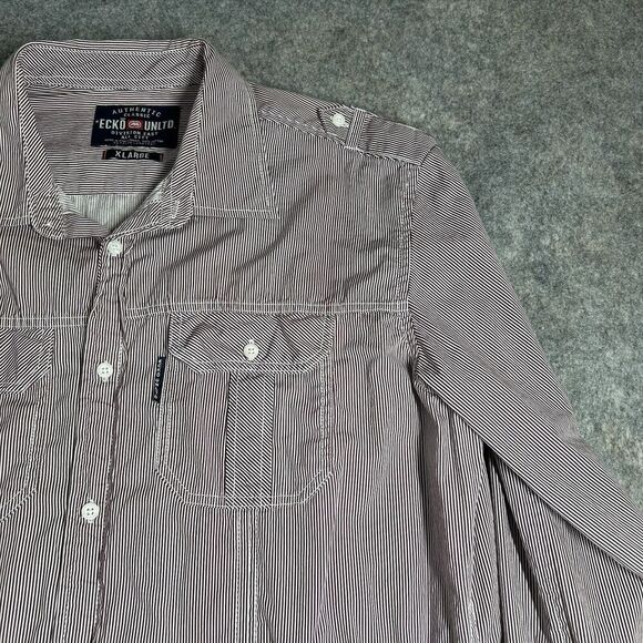 Ecko Unltd Shirt Mens XL Striped Button Down Burgundy Red Y2K Cotton - Picture 2 of 7